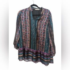 Soft Surroundings Floral Boho Tunic Top Blue Multi Pleated Tiered PXS